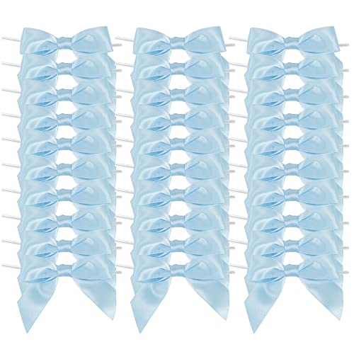 AIMUDI Light Blue Satin Ribbon Twist Tie Bows 3.5" Pre-Tied Baby Shower Bows Premade Baby Blue Bows for Crafts Treat Bags Cake Pop Gift Wrapping Wedding Favors Gender Reveal Birthday - 50 Counts - color: Blue Light