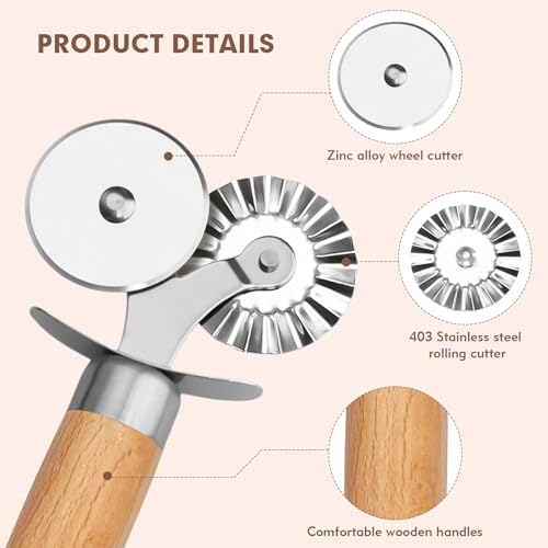 Pasta Cutter Wheel - Fluted Pastry Cutter Double Wheel Ravioli Cutter Tool with Wooden Handle for Pasta Pizza Ravioli Cookie