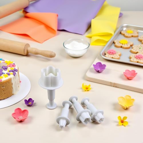 4Pcs White Flower Plunger Cookie Cutters, Plastic Blossom Cake Fondant Mold, DIY Baking Decorating Tools for Dessert and Candy Sculpting