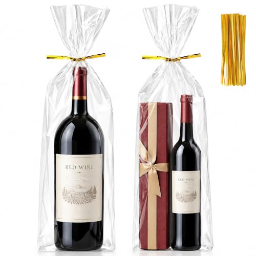QOIUSO 8"x16" Cellophane Gift Bags - 50 Pack Clear Gift Bags with Flat Bottom Gusset for Wine Bottles, Treats, Candy, Bakery, Tall Gifts, Party Favors - 60 Gold Twist Ties - color: 8*16 Inch-50Pcs