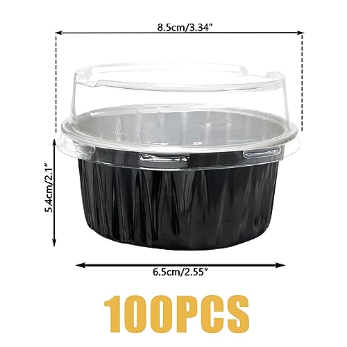 100Pcs Aluminum Cups with Lids,5oz Disposable Ramekin Baking Cups Muffin Liners Mini Pie Pans Foil Cupcake Containers for Christmas Party Wedding Party,Black - color: Black