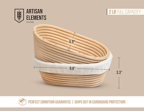 Kook Banneton Bread Proofing Baskets, Artisan Sourdough Bread Making Baskets, 9.8 Inch Handwoven Rattan Baskets and Cloth Liners, Set of 2, Oval - color: Oval Baskets