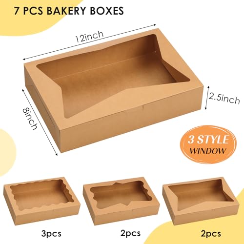 TOMNK 7pcs Cookie Boxes with 3 Style Window,12x8x2.5 In Brown Bakery Boxes - color: Brown