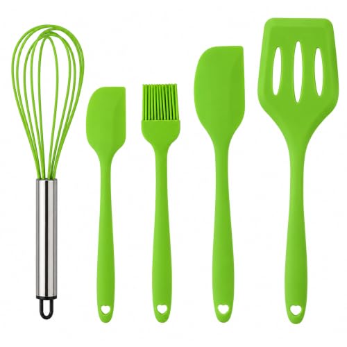 Silicone Kitchen Utensil Set, 5-Piece Heat Resistant Cooking Utensils Set, Nonstick BPA-Free Silicone Spatulas, Turner, Whisk & Pastry Brush for Baking and Cooking (Green) - color: Green