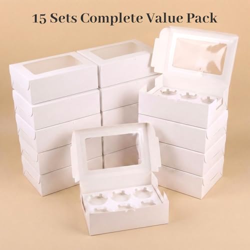 VGOODALL 6 Count White Cupcake Boxes, 15 PCS Cupcake Containers - color: White-1