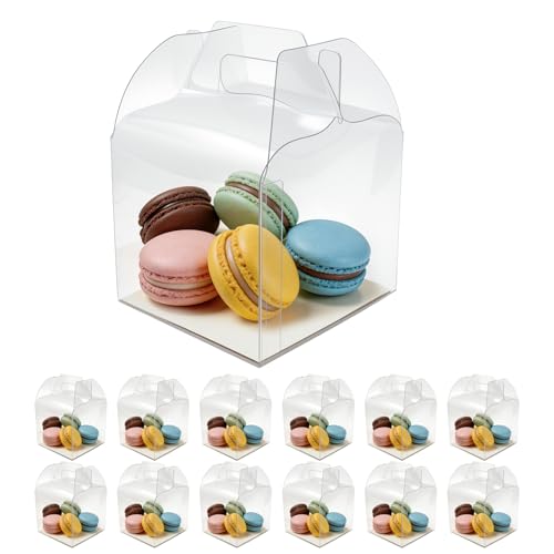 24 Pack Clear Boxes for Treats,4inch Macaron Containers with Handle, Clear Candy Carrier (24,only box) - color: Clear(only box)