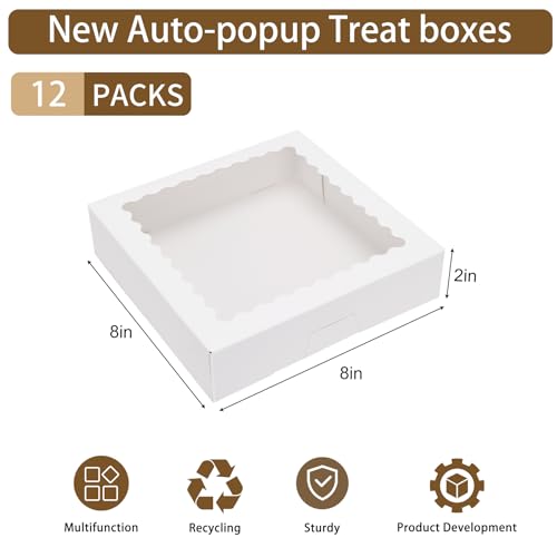 Moretoes 12pcs 8x8x2 Inches Treat Boxes, Cookie Boxes with Window