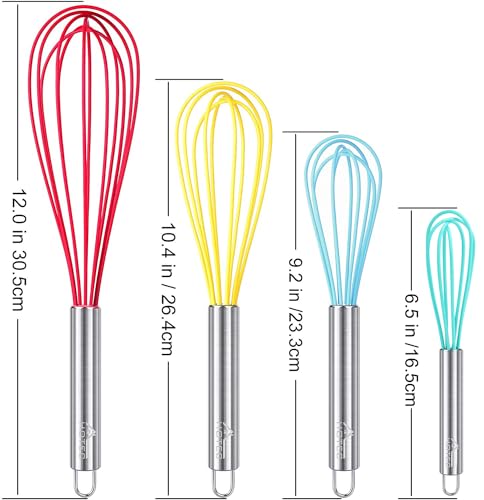 HOTEC 4Pcs Silicone Whisk Set, Wire Balloon Whisks for Cooking Egg Beater - color: Red,Yellow,Blue,Aqua Sky
