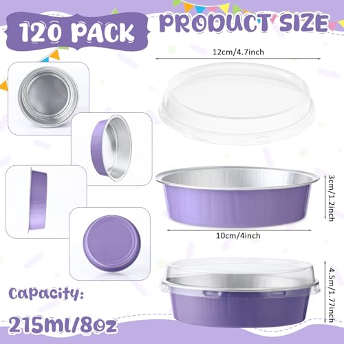 Yinder 8 oz Disposable Creme Brulee Ramekins with Lids, 4 Inch Mini Pie Tins Aluminum Foil Pie Tart Cake Baking Pans Individual Round Containers Oven Safe(Taro Purple,120 Pcs) - color: Taro Purple