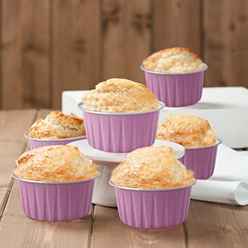 100Pcs Aluminum Cups with Lids,5oz Disposable Ramekin Baking Cups Muffin Liners Mini Pie Pans Foil Cupcake Containers for Christmas Party Wedding,Pink - color: Pink