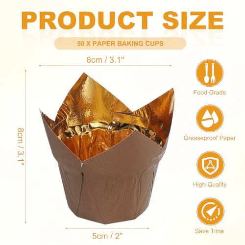 uxcell 50 Pcs Tulip Baking Cups Cupcake Muffins Liners Aluminum Foil Paper Greaseproof Wrappers for Weddings Birthday Party Festivals Christmas, Gold/Coffee - color: Gold/Coffee, size: 3.1