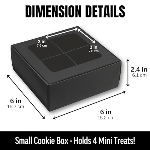 25 pcs Black Mini Cookie Boxes for 4 treats with Window and Dividers, Bakery Boxes, 6 x 6 x 2.4 Inches SMALL Baking Boxes, Square Cookies Box Decorating Supplies for Gift Giving - color: Black