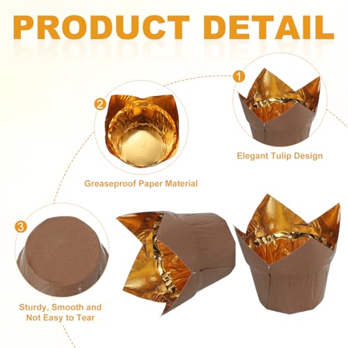 uxcell 50 Pcs Tulip Baking Cups Cupcake Muffins Liners Aluminum Foil Paper Greaseproof Wrappers for Weddings Birthday Party Festivals Christmas, Gold/Coffee - color: Gold/Coffee, size: 3.1