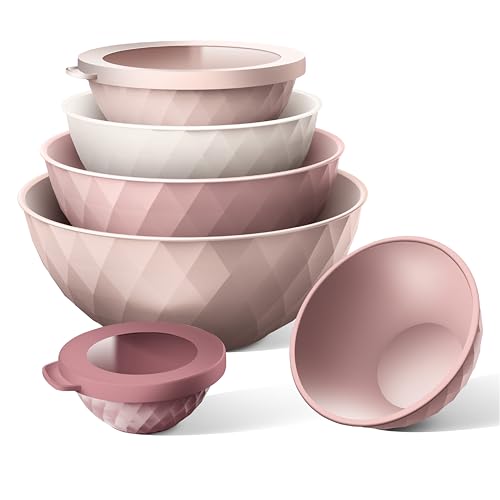 COOK WITH COLOR Mixing Bowls with Lids - 12 Piece Plastic Nesting Bowls Set includes 6 Prep Bowls and 6 Lids, Microwave Safe Mixing Bowl Set, Pink Diamond