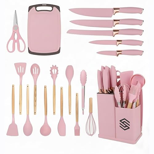 19 PCS Pink Silicone Cooking Utensils Set with Wooden Handle & Knife Set Block, Heat-Resistant Spatula, Spoon, Ladle, Whisk with Holder – BPA Free, Silicone Kitchen Utensil Set for Cooking & Baking - color: Pink