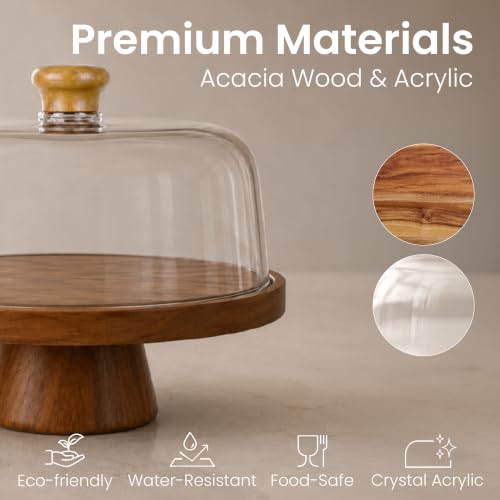 Acacia Wood Cake Stand with Lid Anti-Mold 12 Inch - 2-in-1 Wooden Charcuterie Board - Covered Dessert Plate with Acrylic Dome - Vintage Pastry Display -Tall Domed Serving Stand Platter - Brown - color: F - Brown