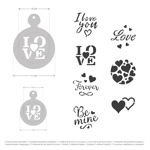 NAKLEO Coffee Stencils and Cookies Decoration 14Pcs 2.8”x2.8” and 4.3”x4.3”, Reusable Plastic Baking Templates, Love Valentines Day, Barista DIY Art Craft, Capuccino Latte Chocolate Cake Biscuit - size: LOVE