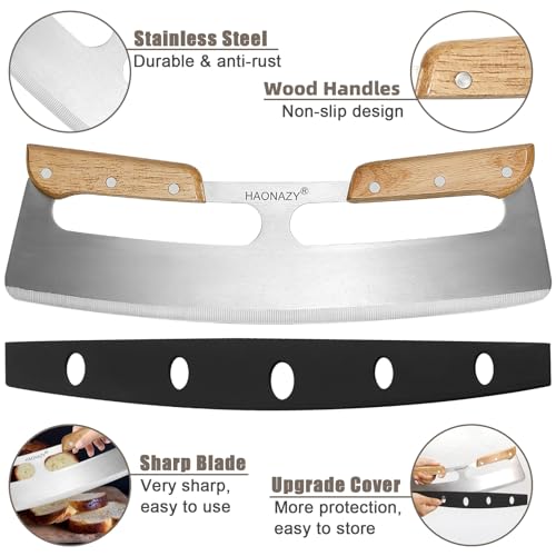 Sharp Pizza Cutter Rocker 14 inch with Double Handles and Protective Cover, Good for Kitchen Dining Room - color: Wood