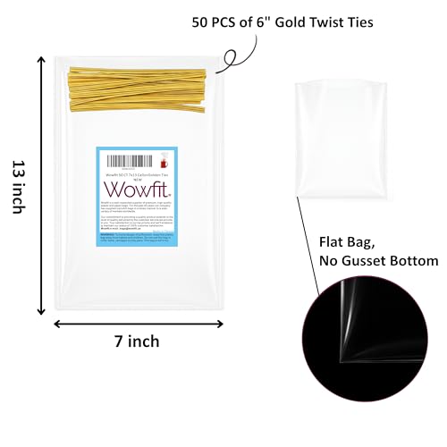 Wowfit 7x13.2 Clear Cellophane Gift & Favor Bags, 50 CT, 6" Gold Twist Ties - size: 7x13.2 Inch (Pack of 50)