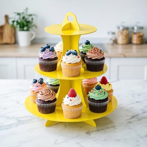 YLDW Cupcake Stand, 3-Tier Cupcake Stand Display, Cardboard Cup Cake Tower Stand, Disposable Dessert Stand for Birthday Tea Party Baby Shower Treat Decorations, Yellow - color: Yellow
