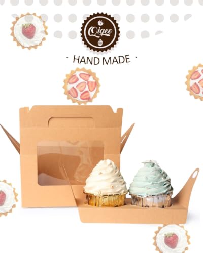 qiqee Cupcake Box Two Holder 6.5x3.6x3.5inch(2.2" Top) 50pcs Brown 2 Cupcake Boxes With Window - color: Brown, size: 50Pcs, Two Holder