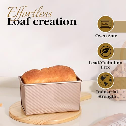 Pullman Loaf Pan with Lid, 1 lb Dough Capacity Non-Stick Bread Pan for Baking Bread, Carbon Steel Corrugated Bread Toast Box Mold with Cover for Baking Bread, Gold