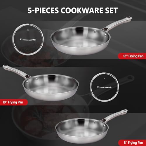 ROVSUN 8-10-12 Inch Stainless Steel Cookware Set, Tri-Ply Skillets Set with Lids, Full Clad Stainless Steel Chef's Pan, PFOA & PTFE Free Skillets, Compatible for All Cooktops, Dishwasher & Oven Safe - size: 5-Pieces Skillet with Lids
