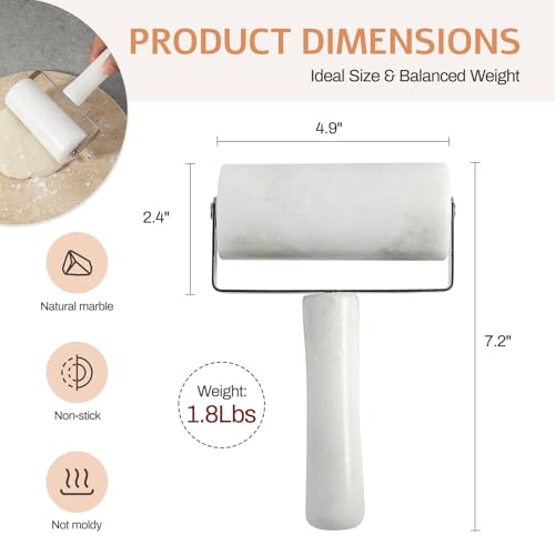 Smooth Marble Rolling Pins, T-Type Small Rolling Pin with Marble Handle, Non-Stick Pastry Roller for Pizza, Cookies, Tortilla, Fudge & Cake Baking, Compact Dough Roller for Bakers & Chefs(White)