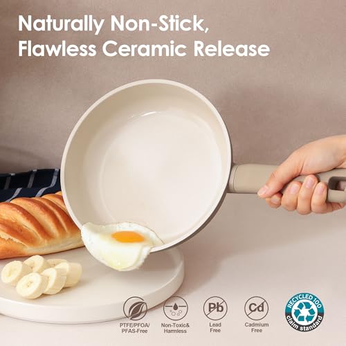 SENSARTE Ceramic Nonstick Pots and Pans Set, Nontoxic Cookware Set 17pcs - color: Almond Beige