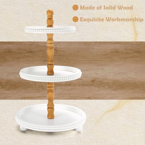 SYNCVIBE Wooden Farmhouse Round White 3 Tiered Decorative Tray Stand - color: white