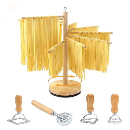 Rotary Pasta Drying Rack,Detachable Wood Pasta Rack with Pasta Molds & Stamps Ravioli with Pasta Cutter Wheel (4 pcs),Spaghetti Pasta Dryer Rack Collapsible Noodle Drying Rack Hanger Stand - color: 5 piece