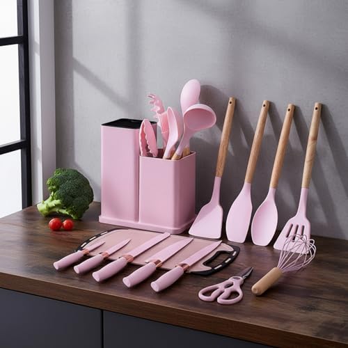 19 PCS Pink Silicone Cooking Utensils Set with Wooden Handle & Knife Set Block, Heat-Resistant Spatula, Spoon, Ladle, Whisk with Holder – BPA Free, Silicone Kitchen Utensil Set for Cooking & Baking - color: Pink