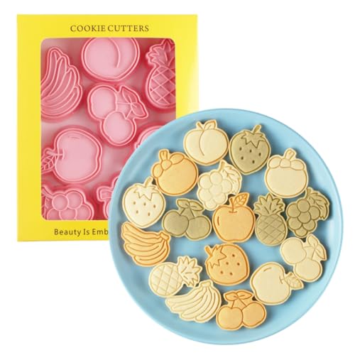 Fruit Cookie Cutters,8pcs Strawberry Cookie Mould,3D Pineapple Cookie Stamps Set,Cartoon Kitchen Tools,Plastic Banana Cookie Press (Fruit) - color: Fruit