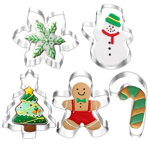 5Pcs Christmas Cookie Cutters,Winter Holiday Cookies Cutter Mold Shapes Gingerbread Men, Snowman,Christmas Tree, Snowflake, Candy Cane with Decorating Instructions - Stainless Steel - color: 5pchris
