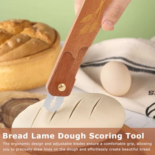 Wooden Bread Lame,Reusable Dough Scoring Tool,Sourdough Scoring Tool with Screw Lock & 10 Razor Blades,Handcrafted Bread Scoring-Tool for Sourdough Breads Baking