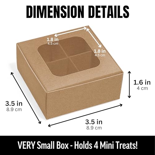 100 pcs Kraft Mini Truffle Box for 4 Treats with Window and Dividers, Bakery Boxes, 3.5 x 3.5 x 1.57 Inches VERY SMALL Baking Boxes for 4 Treats, Square Truffles Box for Gift Giving - color: Kraft