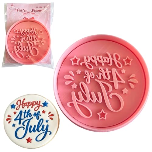 Happy 4th of July 3D Cookie Cutter and Stamp, 3.15-inch American Independence Day Patriotic Relief Circular Mold for Fondant, Crafts, Cold Dough, Cookies, Icing - color: Happy 4th of July
