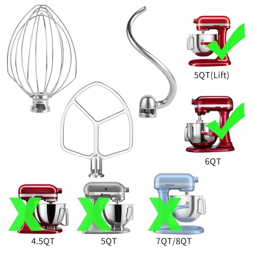 Stainless 3 Piece kit Attachments for KitchenAid 5 Plus- 6QT Mixer - size: Wire Whip+Dough Hook+Flat Beater