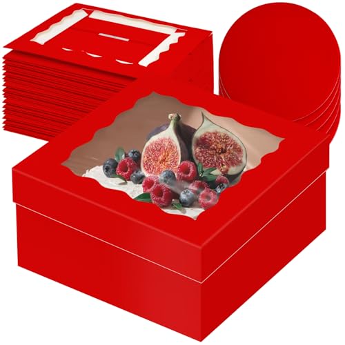 qiqee 12x12x6 Cake Box, 18 Sets Red Cake Box with Window ＆ 18 Sets 12" Red Cake Round Boards, 12inch Cake Containers - color: Red, size: 18 Sets /12x12x6