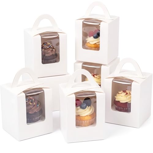 qiqee 100Pcs Auto Pop-up Cupcake Boxes Individual Cupcake Holders Disposable White Single Cupcake Boxes with Window 3.7"x3.7"x4.5" Cupcake Containers - color: White, size: 100Pcs, One Holder