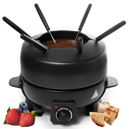 Electric Fondue Pot Set - 2-Liters Black Electric Pot with 6 Stainless Steel Fork - Temperature Control Ideal for Cheese, Caramel, Chocolate - Non-stick and Dishwasher Safe Fondue Pot Set by Stilaris