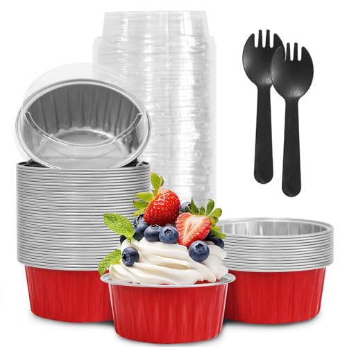 Valentine's Day 50Pcs Mini Aluminum Foil Cupcake,5oz Baking Cups with Lid - color: Red
