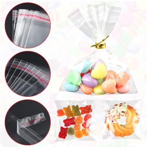 200Pcs Cookie Bags 4x4 Inches Self Sealing Cellophane Bags Self Adhesive Resealable Clear Large Cookie Bags with Twist Ties for Cookies Party Favors Bag - size: 4x4 Inches