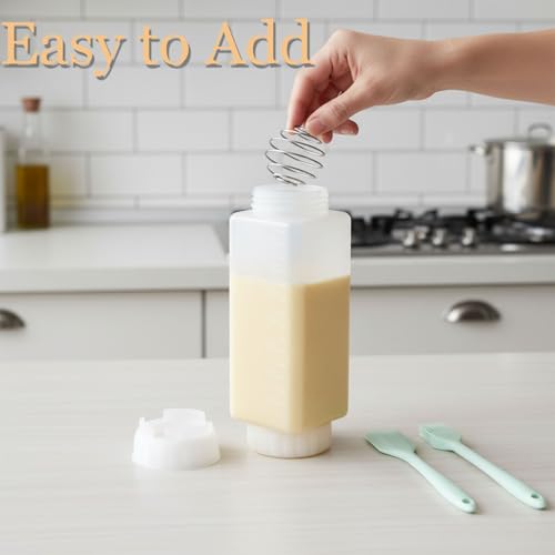 Pancake Batter Dispenser Bottle with Mixing Balls, Clear Measuring Squeeze Container, Leakproof Cap,Batter Mixer Tool for Waffles, Crepes, Cupcakes with Spatula and Brush - Rounded
