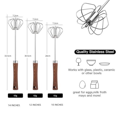 Stainless Steel Semi-Automatic Whisk Hand Push Rotary Whisk Blender with Wood Handle Egg Beater Hand Push Mixer Stirrer Egg Scrambler for Blending, Whisking, Frothing, Beating & Stirring (14in)
