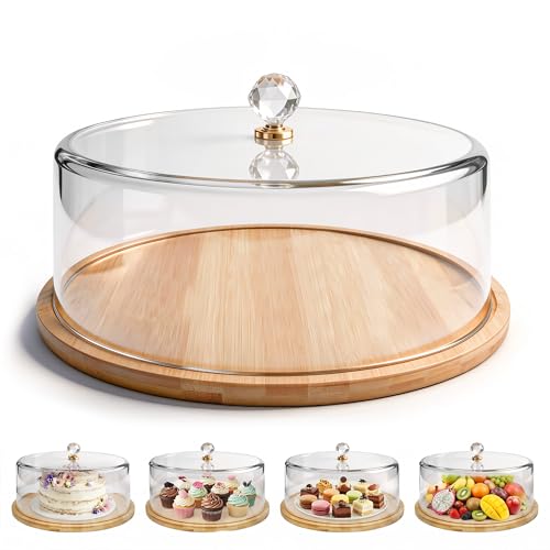 Cake Stand with Lid 12.8in Bamboo Cake Plate with Dome Cover Cake Display Server Tray Holder for Birthday Party Kitchen Weddings Baking Gifts