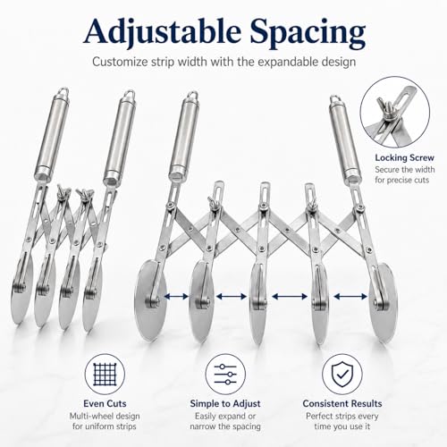 Wheel Adjustable Pasta Cutter with Handle - Stainless Steel Multi-Tool for Baking Pastry, Pizza, Noodles & Pie Crust (5 Roller) - color: 5 Roller