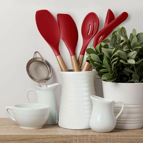 Kitchen Utensils Set, Silicone Cooking Utensils Set,Non-Stick Silicone Spatula Set with Natural Acacia Hard Wood Handle, 5 Piece, Upgraded Thickened Cookware - color: Red