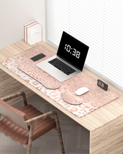 Large Mouse Pad with Wrist Rests for Keyboard & Mouse, Thick Soft Ergonomic Memory Foam Wrist Supports, Big & Long Desk Mat 35.5 x 15.7 in, for Office Gaming Computer, Pink Gold Leopard - color: Pink Gold Leopard