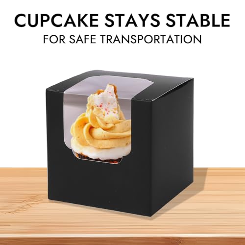 JCD 120 Boxes+120 Inserts Black Cupcake Boxes Individual Cupcake Container 3.5" x 3.5" x 3.5" Auto-Pop up Single cake Box for Bakery Gift Giving (Black/120Pcs) - color: Black/120Pcs